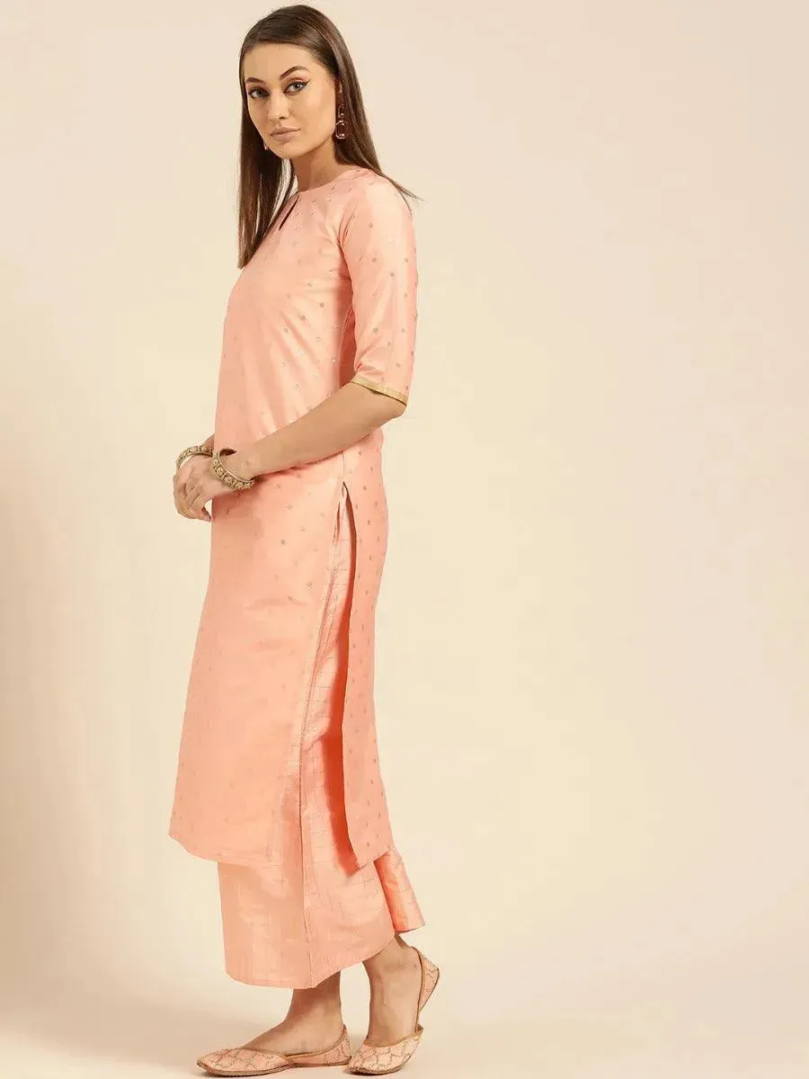 Peach Woven Design Chanderi Silk Straight Kurta With Palazzos & Dupatta