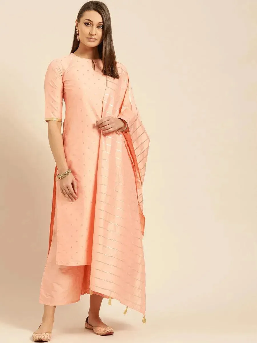 Peach Woven Design Chanderi Silk Straight Kurta With Palazzos & Dupatta
