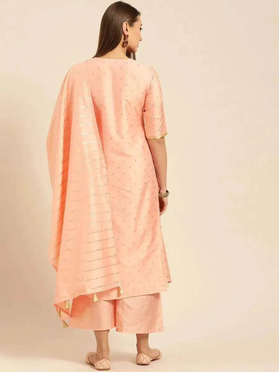 Peach Woven Design Chanderi Silk Straight Kurta With Palazzos & Dupatta