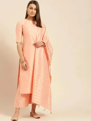Peach Woven Design Chanderi Silk Straight Kurta With Palazzos & Dupatta