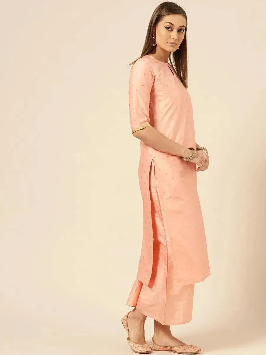 Peach Woven Design Chanderi Silk Straight Kurta With Palazzos & Dupatta
