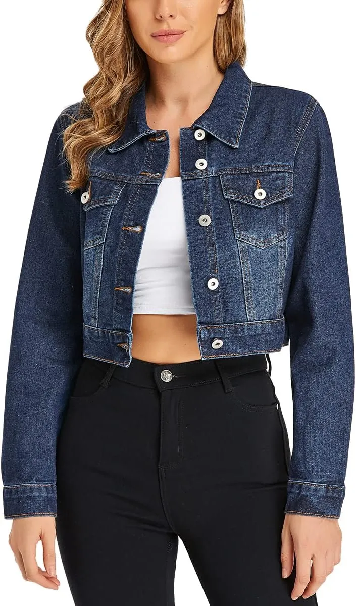 PEIQI Womens Cropped Jean Denim Jacket Button Down Long Sleeve with Pockets