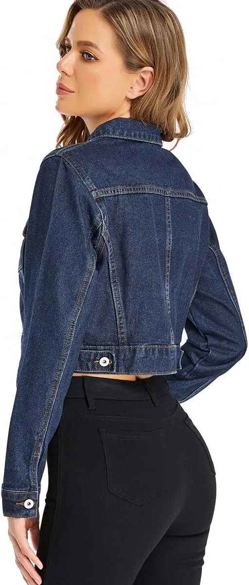 PEIQI Womens Cropped Jean Denim Jacket Button Down Long Sleeve with Pockets