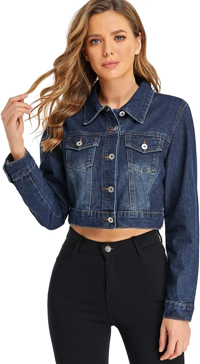 PEIQI Womens Cropped Jean Denim Jacket Button Down Long Sleeve with Pockets