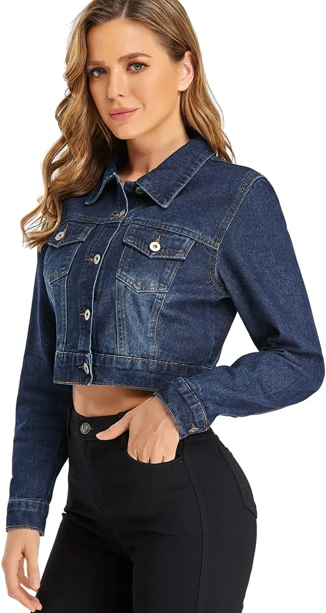 PEIQI Womens Cropped Jean Denim Jacket Button Down Long Sleeve with Pockets