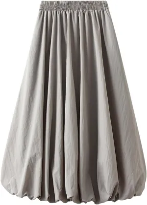 Perbai Womens Y2K Bubble Long Skirt Elastic Waist A Line Pleated Casual Fairy Ruffle Midi Balloon Skirt