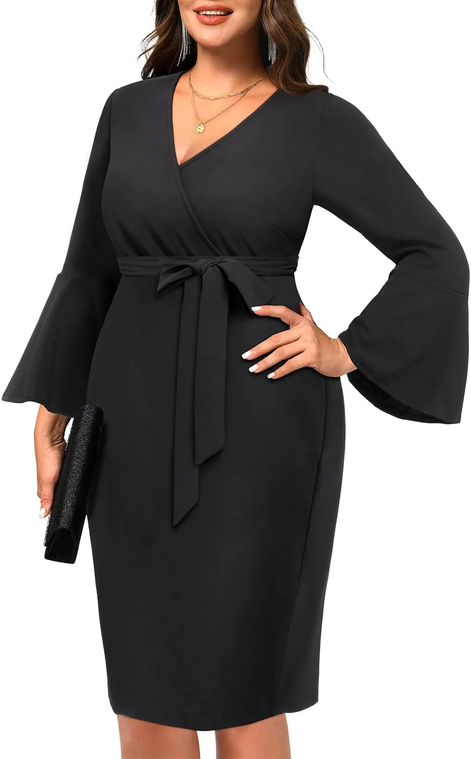 Pinup Fashion Plus Size Church Dresses Women-Work Business Bell Sleeve Wrap Bodycon Pencil Midi Dress