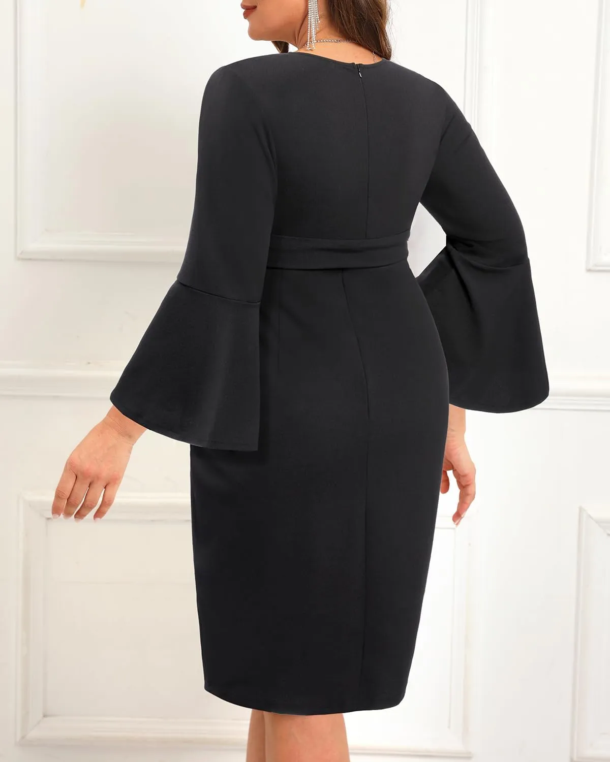 Pinup Fashion Plus Size Church Dresses Women-Work Business Bell Sleeve Wrap Bodycon Pencil Midi Dress