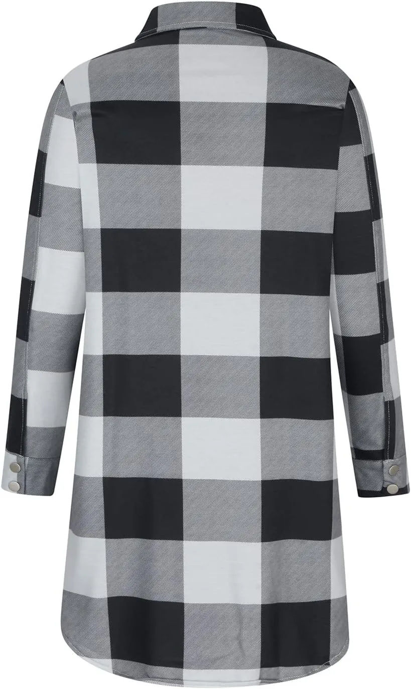 Plaid Button Down Shirts for Women Oversized Long Sleeve Flannel Jackets Loose Fit Fall Tops Hoodies with Pocket