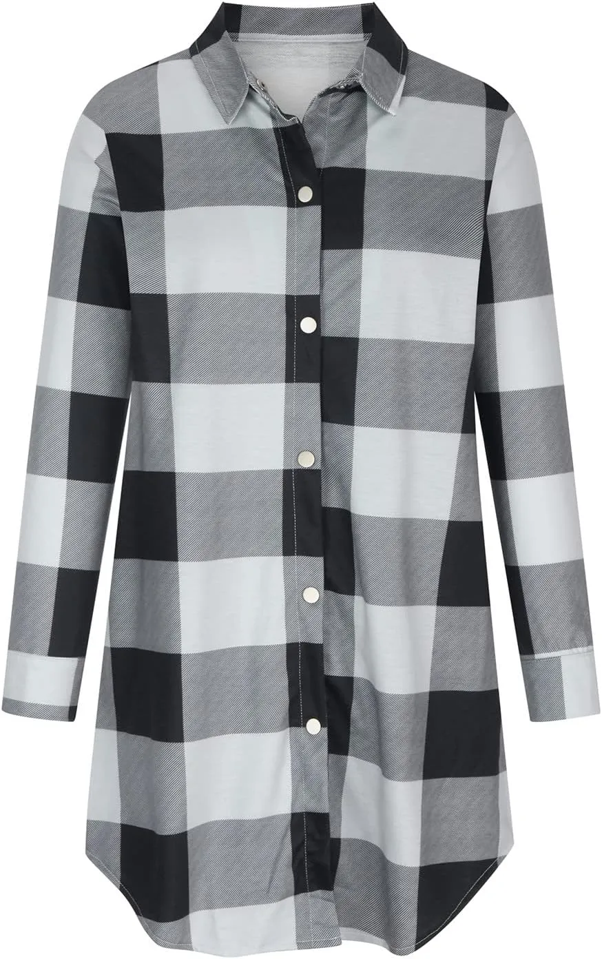Plaid Button Down Shirts for Women Oversized Long Sleeve Flannel Jackets Loose Fit Fall Tops Hoodies with Pocket