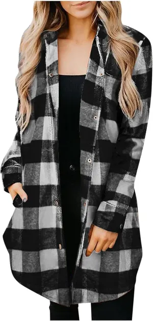 Plaid Button Down Shirts for Women Oversized Long Sleeve Flannel Jackets Loose Fit Fall Tops Hoodies with Pocket