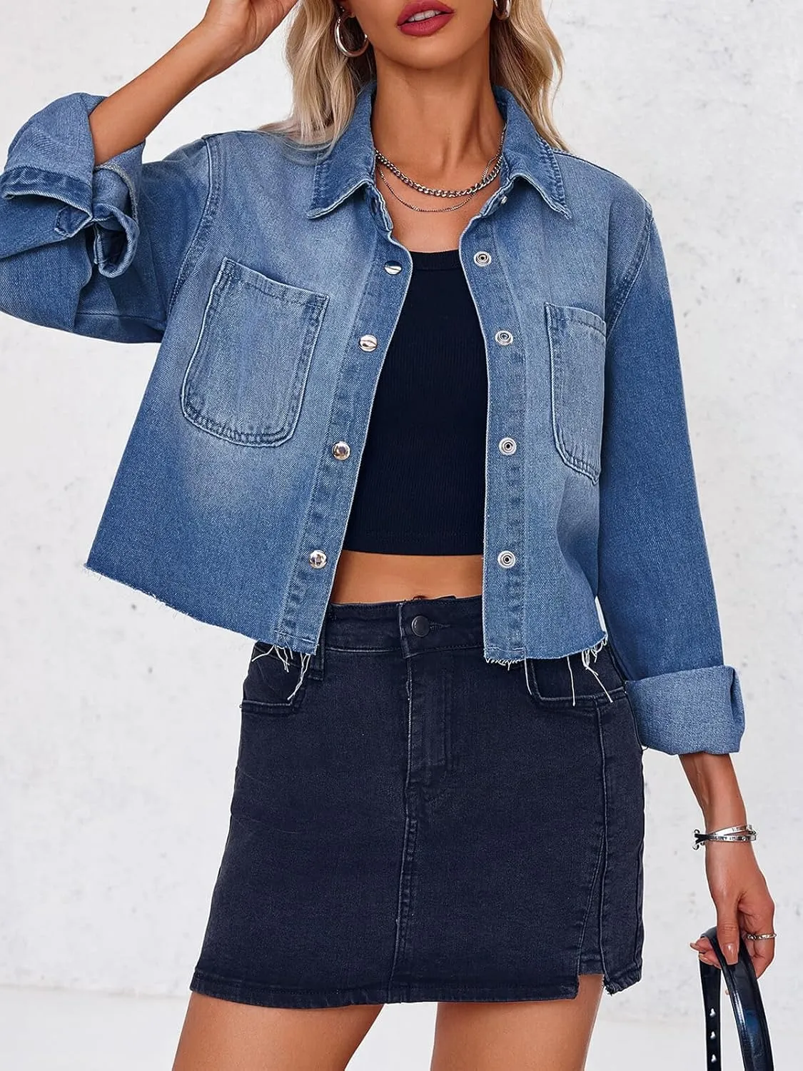 PLNOTME Womens Cropped Denim Jackets Long Sleeve Button Down Raw Hem Casual Jean Shirts