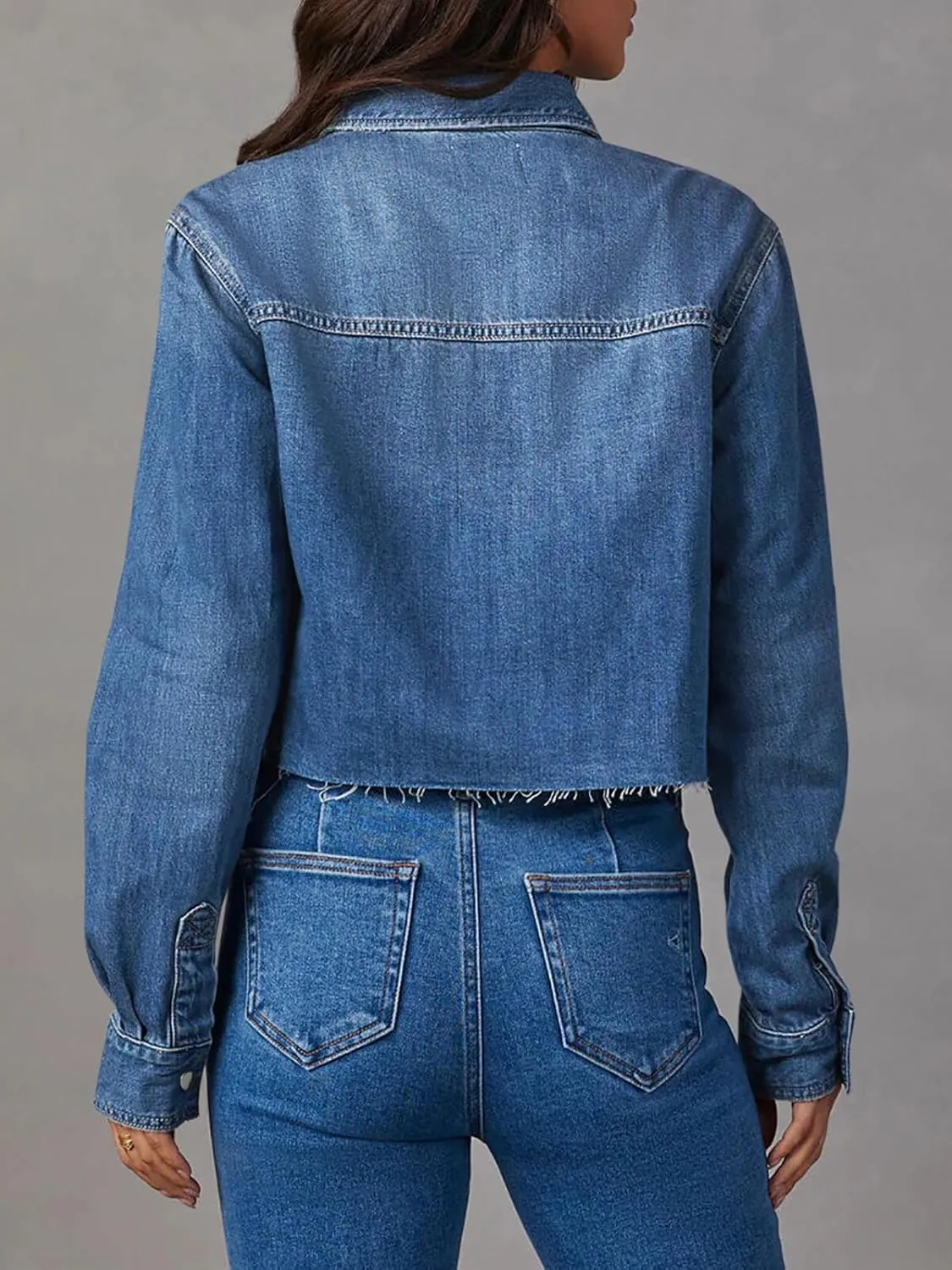 PLNOTME Womens Cropped Denim Jackets Long Sleeve Button Down Raw Hem Casual Jean Shirts