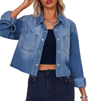 PLNOTME Womens Cropped Denim Jackets Long Sleeve Button Down Raw Hem Casual Jean Shirts