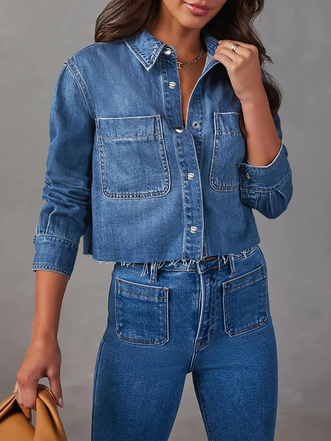 PLNOTME Womens Cropped Denim Jackets Long Sleeve Button Down Raw Hem Casual Jean Shirts
