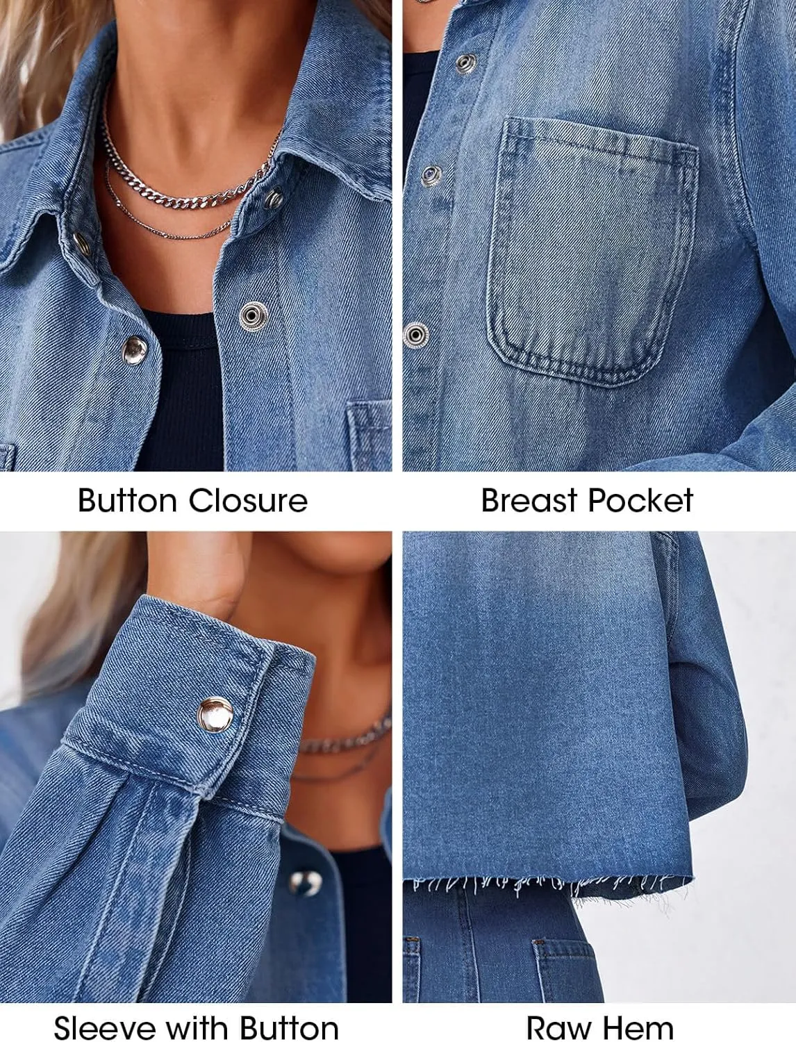 PLNOTME Womens Cropped Denim Jackets Long Sleeve Button Down Raw Hem Casual Jean Shirts