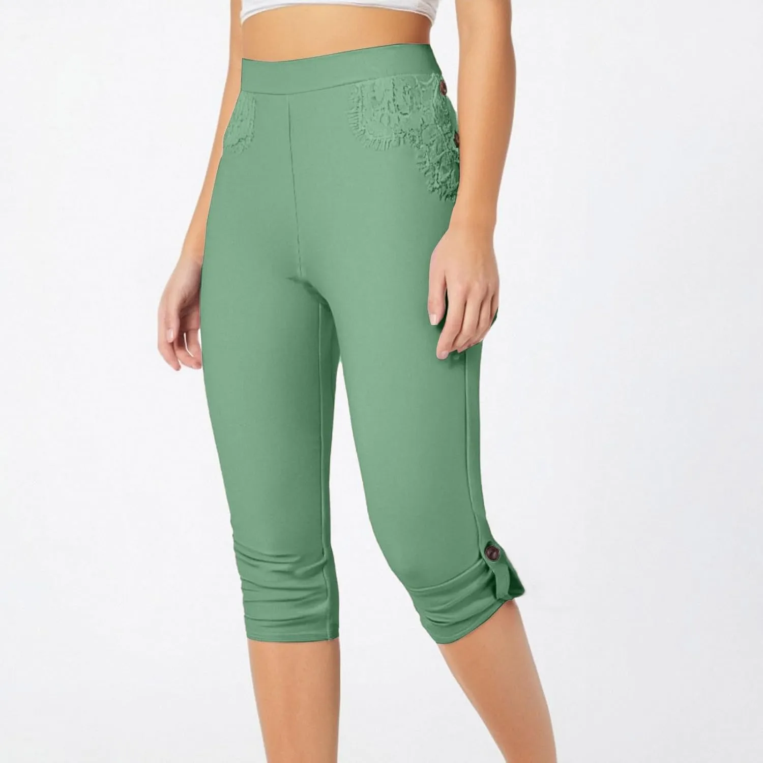 Plus Size Capri Pants for Women Stretch Lace High Waisted Capri Leggings Tummy Control Pull On Yoga Capris Pants