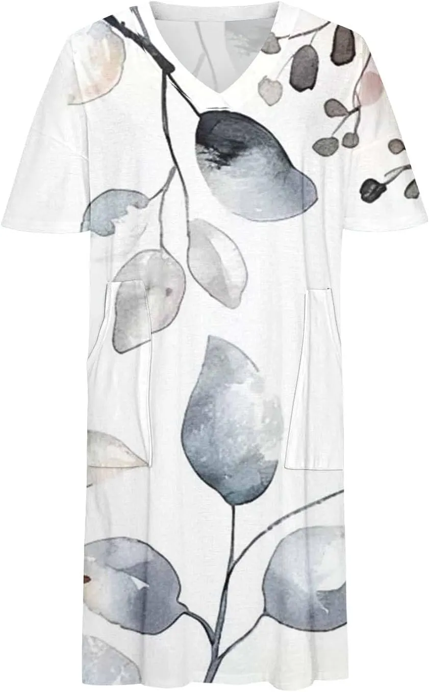 Plus Size Dresses for Women 2024 Floral Printed V Neck Casual Dress Short Sleeve Loose Fit Midi Dress Shirt Dress