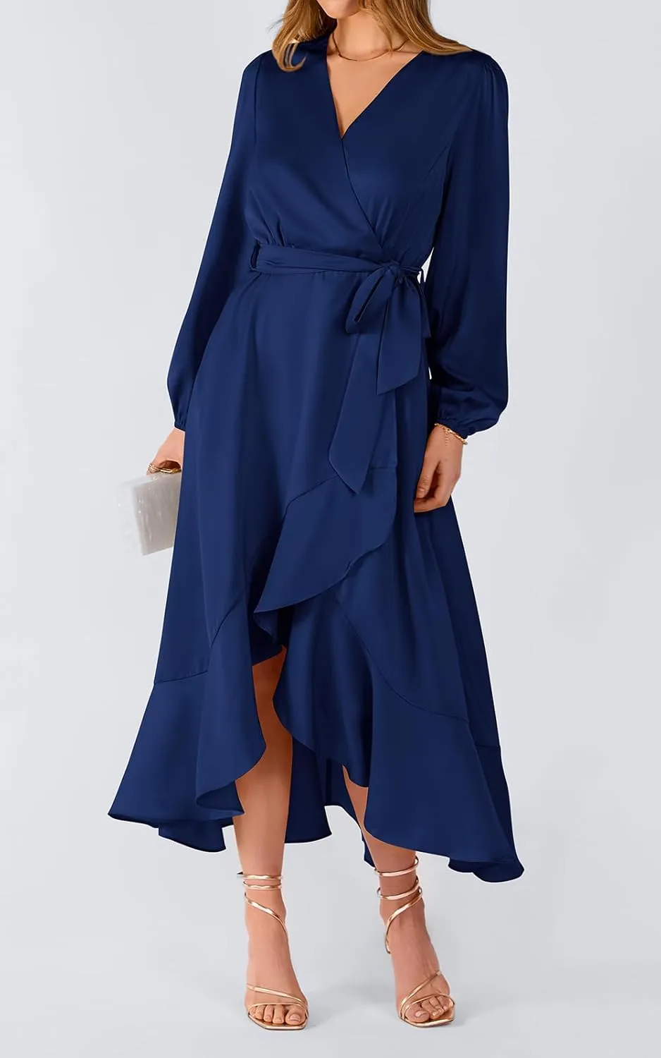 PRETTYGARDEN Women's Spring Dresses Casual Long Sleeve Wrap V Neck Maxi Dress Ruffle High Low Wedding Guest Dress Spring 2025