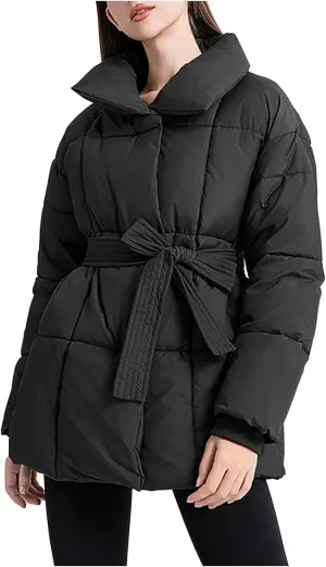 Puffer Jacket Womens 2024 Fashion Quilted Thicken Light Weight Cotton-Padded Outwear Winter Snow Jackets Belted Coat