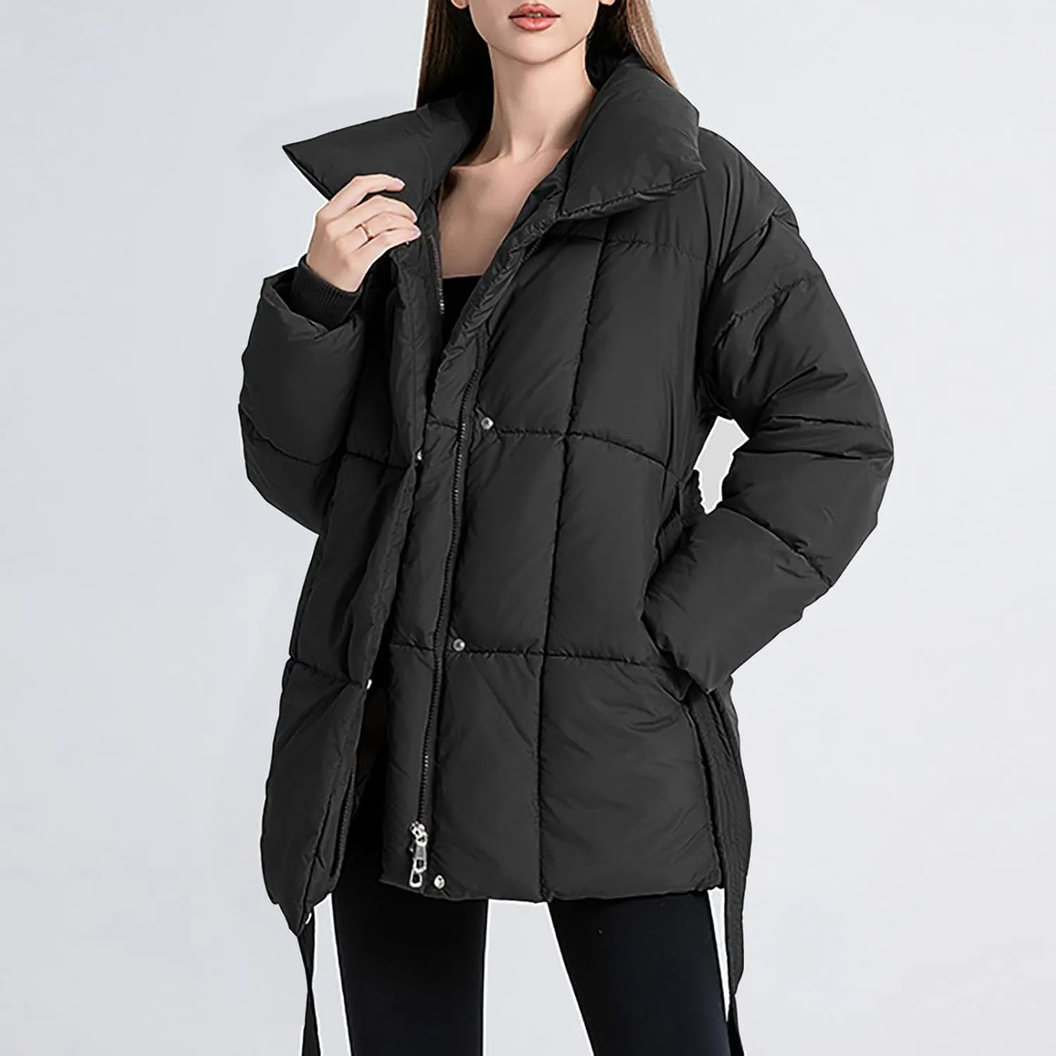Puffer Jacket Womens 2024 Fashion Quilted Thicken Light Weight Cotton-Padded Outwear Winter Snow Jackets Belted Coat
