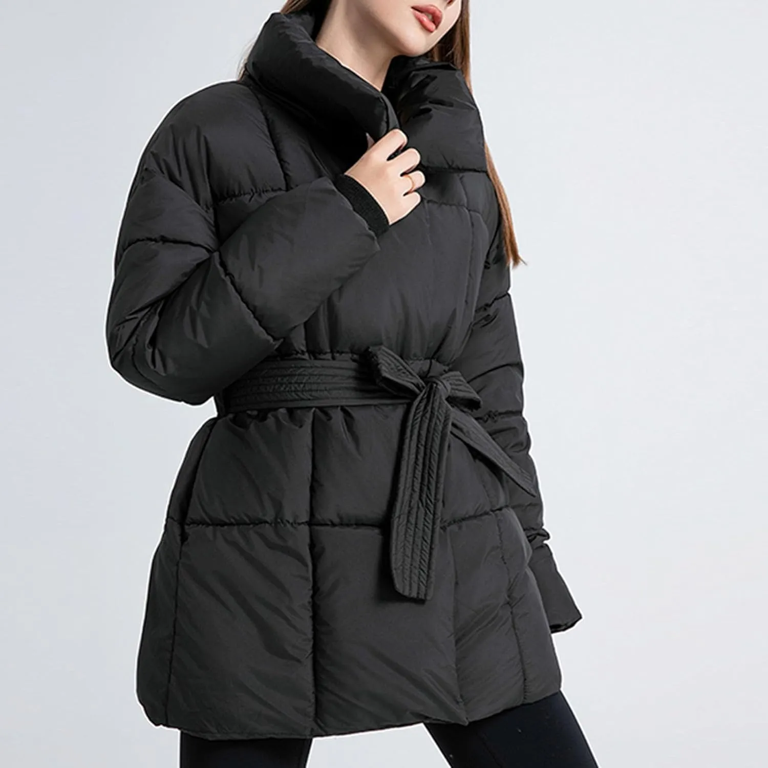 Puffer Jacket Womens 2024 Fashion Quilted Thicken Light Weight Cotton-Padded Outwear Winter Snow Jackets Belted Coat