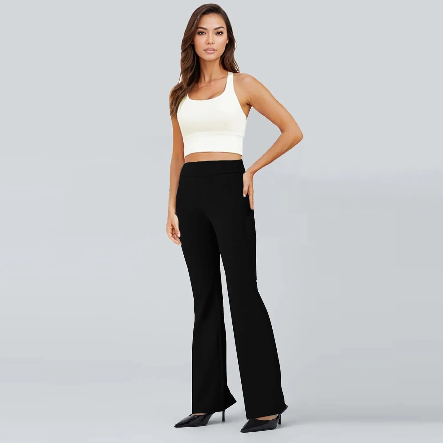 Pull On Dress Pants for Women Stretchy Office Work Bootcut Yoga Pants Business Casual Flare Leggings with Pockets