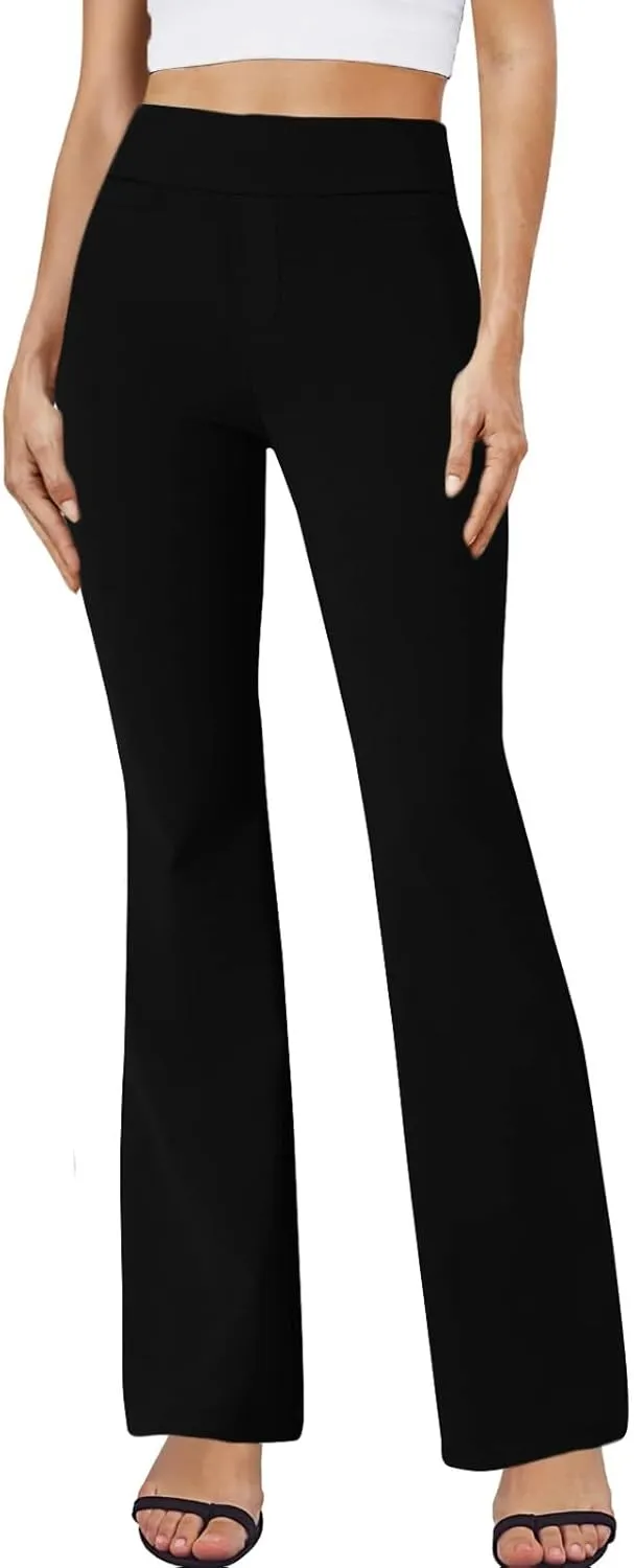Pull On Dress Pants for Women Stretchy Office Work Bootcut Yoga Pants Business Casual Flare Leggings with Pockets