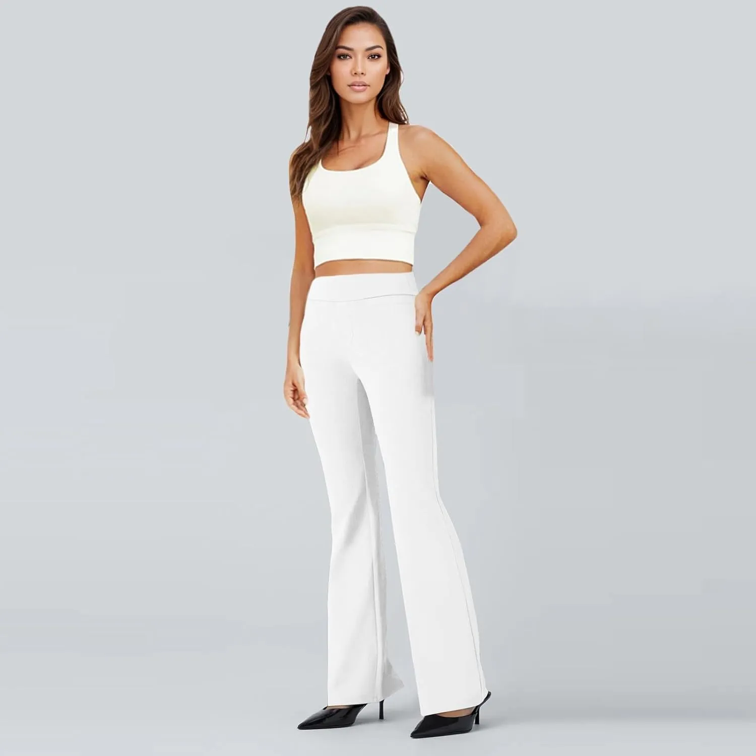 Pull On Dress Pants for Women Stretchy Office Work Bootcut Yoga Pants Business Casual Flare Leggings with Pockets