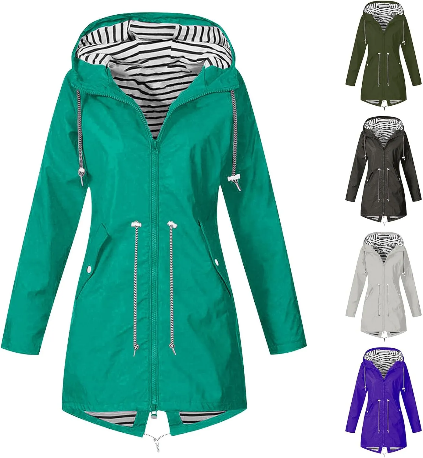 Rain Jacket for Women Waterproof Outdoors Raincoats Lightweight Long Hooded Trench Coats Striped Lined Windbreaker