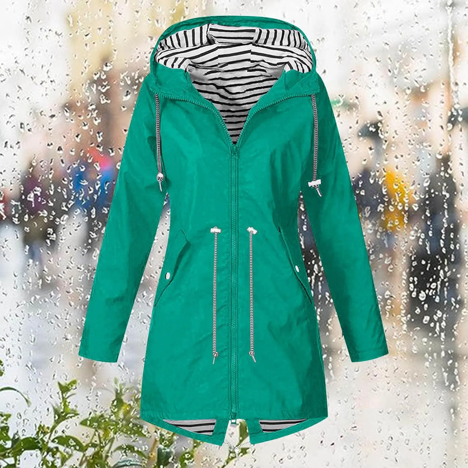 Rain Jacket for Women Waterproof Outdoors Raincoats Lightweight Long Hooded Trench Coats Striped Lined Windbreaker