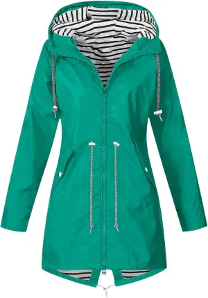 Rain Jacket for Women Waterproof Outdoors Raincoats Lightweight Long Hooded Trench Coats Striped Lined Windbreaker