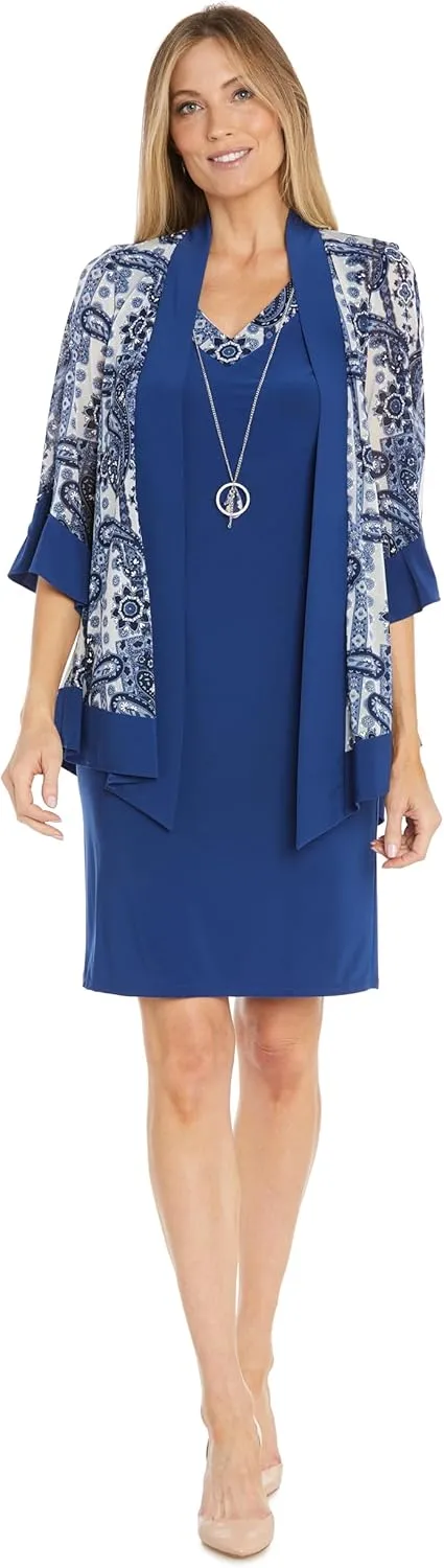 R&M Richards 2PC Knee Length Tank Dress & Printed Jacket Dress W/Contrast Ity Ruffle Sleeve