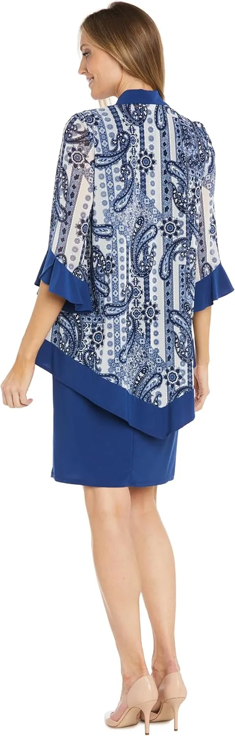 R&M Richards 2PC Knee Length Tank Dress & Printed Jacket Dress W/Contrast Ity Ruffle Sleeve