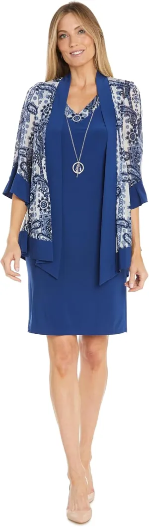 R&M Richards 2PC Knee Length Tank Dress & Printed Jacket Dress W/Contrast Ity Ruffle Sleeve