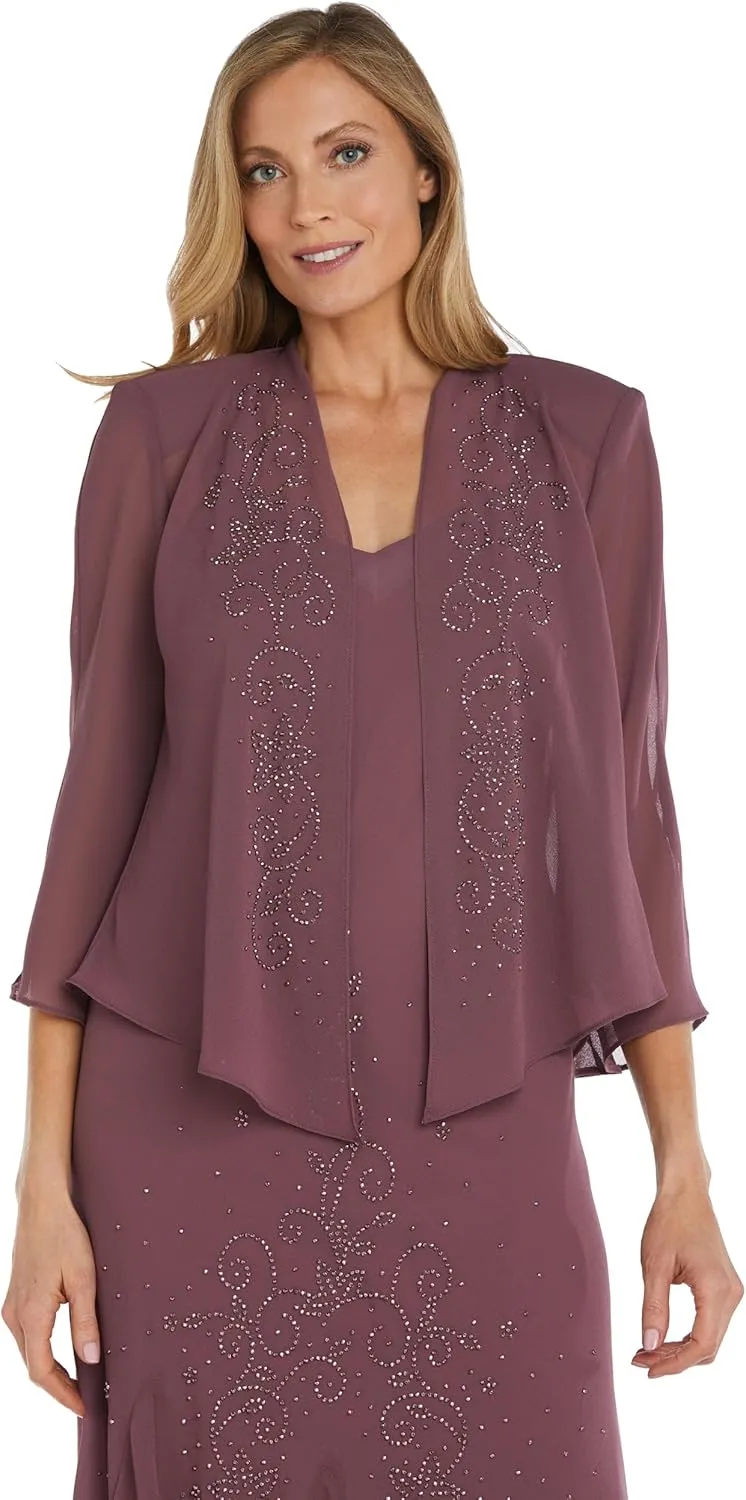 R&M Richards Womens Chiffon Beaded Dress with Jacket