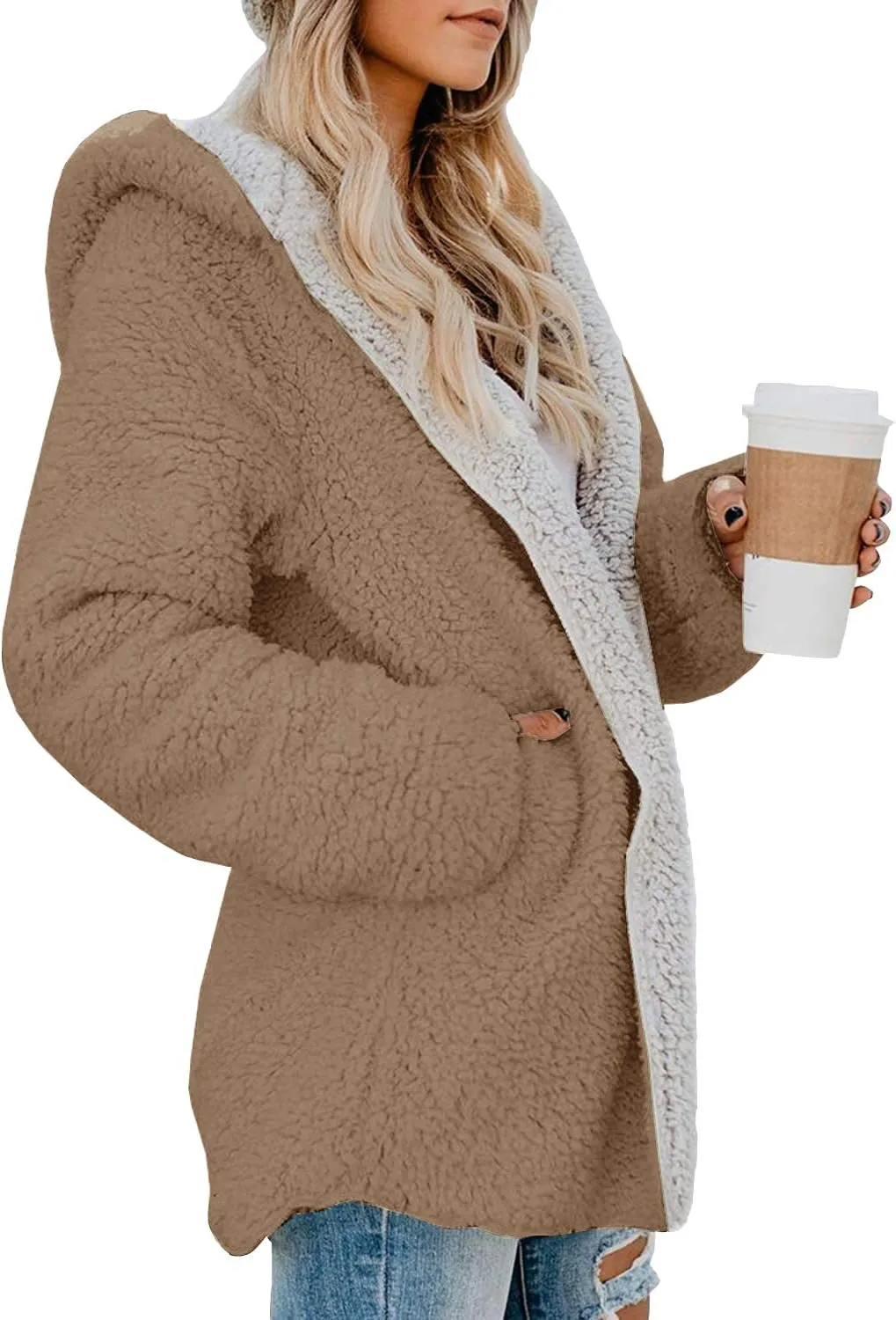 ReachMe Womens Sherpa Jacket Oversized Fleece Jacket Teddy Coats with Pockets Open Front Hooded Fuzzy Cardigan