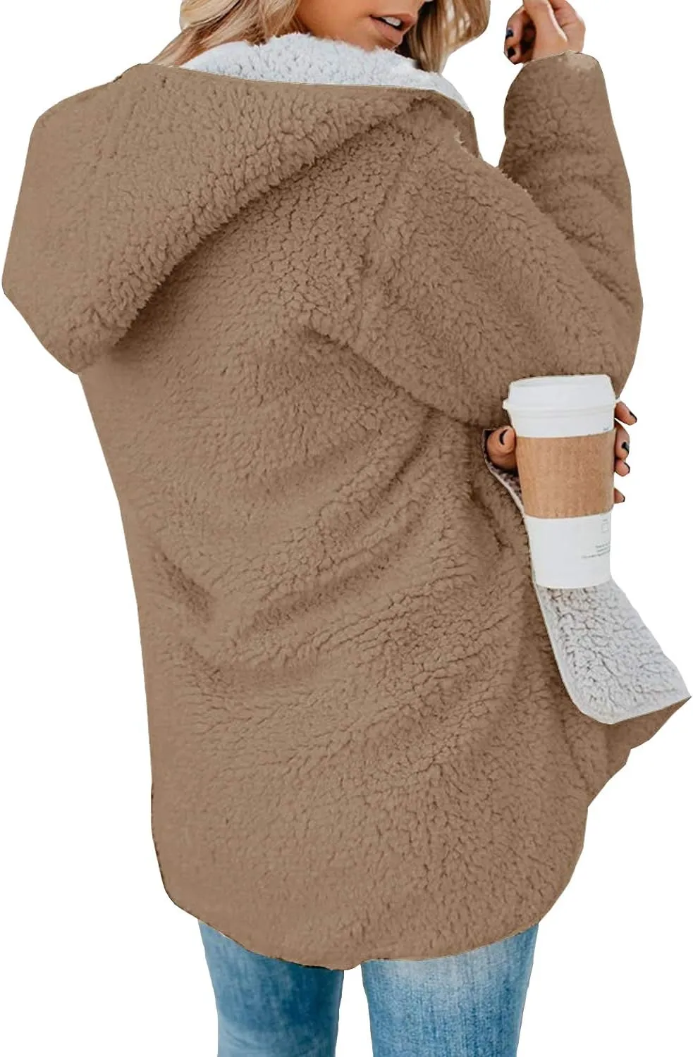 ReachMe Womens Sherpa Jacket Oversized Fleece Jacket Teddy Coats with Pockets Open Front Hooded Fuzzy Cardigan