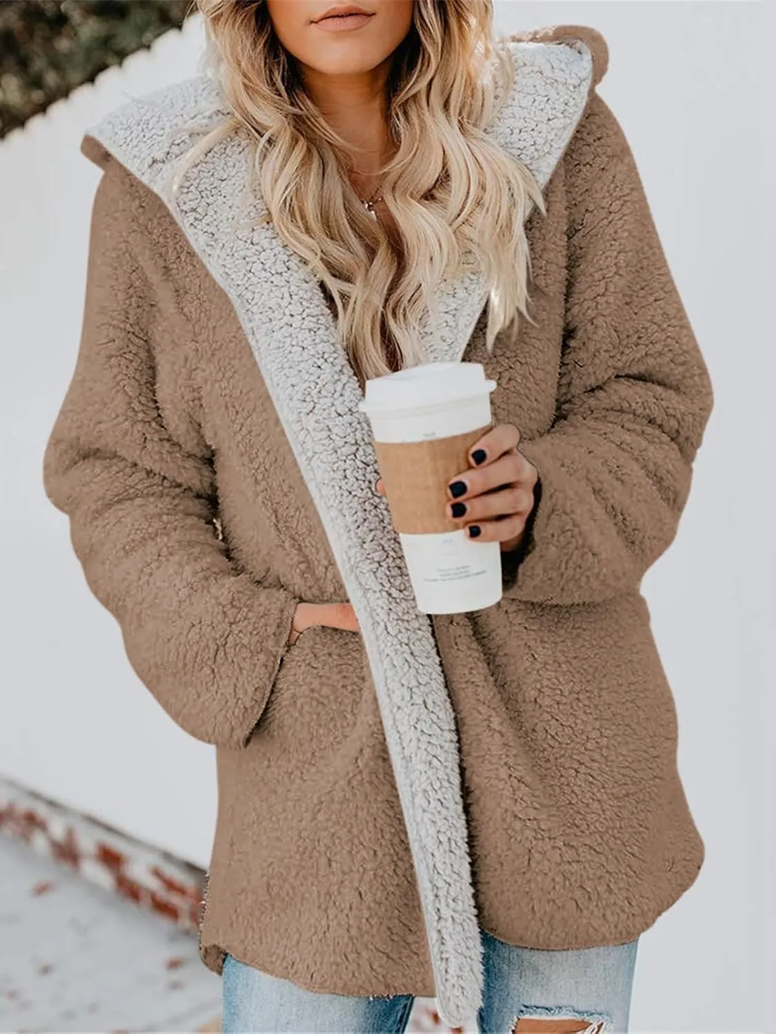 ReachMe Womens Sherpa Jacket Oversized Fleece Jacket Teddy Coats with Pockets Open Front Hooded Fuzzy Cardigan