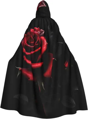 Red and Roses Print Halloween Hooded Cloak Hooded Cape Adult Halloween Costume Cosplay Witch Cloak with Extra Comfort