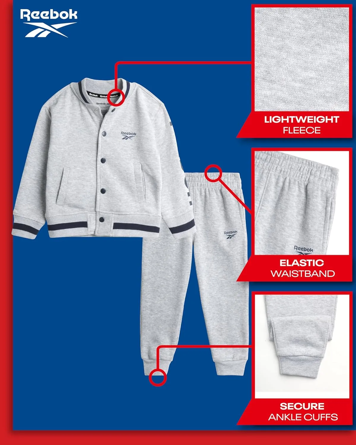 Reebok Boys' Pants Set - 2 Piece Fleece Varsity Jacket and Jogger Sweatpants - Sweatshirt and Pants Outfit for Toddlers, 2T-7