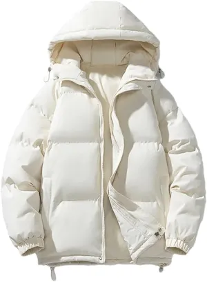 REHJJDFD Men's White Warm Cotton Padded Jacket Casual Sports Hooded Coat Solid Thick Parkas