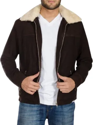 Rick Grime Brown Real Suede Leather Jacket Fur Collar Suede Biker Jacket - Walking Andrew Lincoln Jacket
