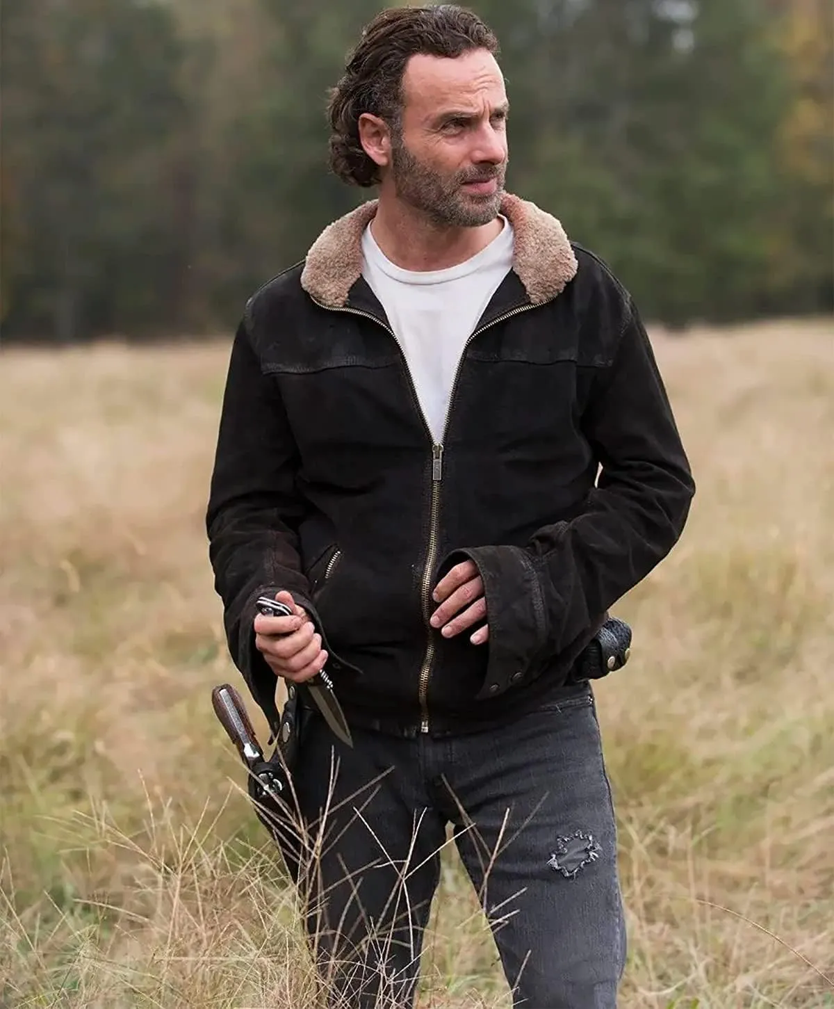 Rick Grime Brown Real Suede Leather Jacket Fur Collar Suede Biker Jacket - Walking Andrew Lincoln Jacket