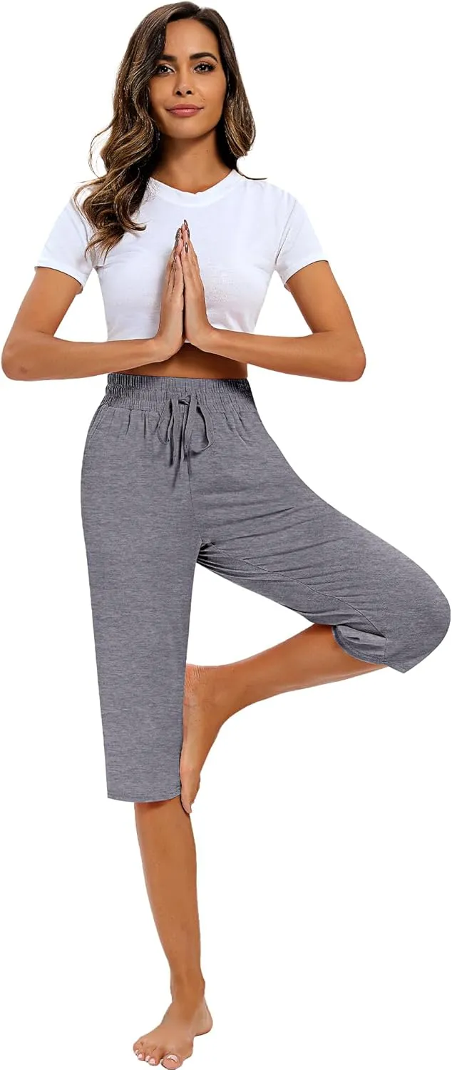 Riyiper 3 Pack Women Causal Capri Pants Drawstring Lounge Yoga Capri Sweatpants Loose Wide Leg Crop Trousers with Pockets