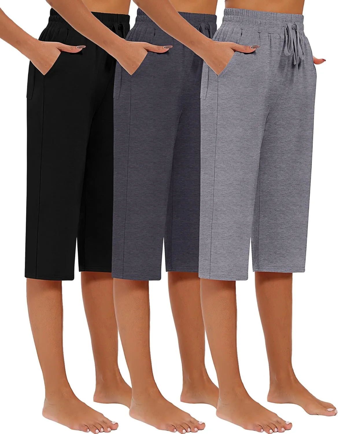 Riyiper 3 Pack Women Causal Capri Pants Drawstring Lounge Yoga Capri Sweatpants Loose Wide Leg Crop Trousers with Pockets