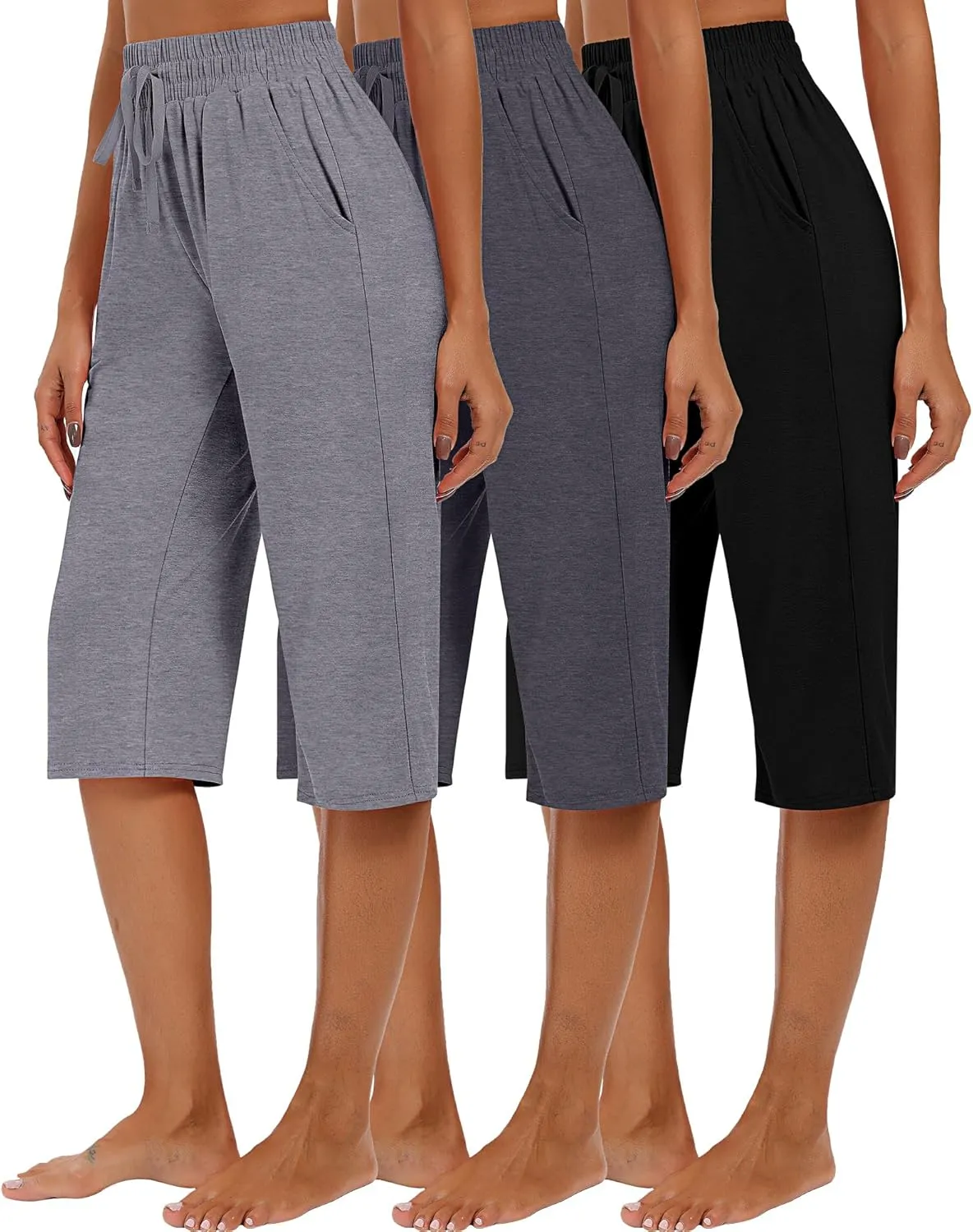 Riyiper 3 Pack Women Causal Capri Pants Drawstring Lounge Yoga Capri Sweatpants Loose Wide Leg Crop Trousers with Pockets