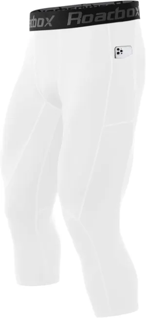 Roadbox Mens 3/4 Compression Pants with Pockets, 1/2 Pack Athletic Running Legging Tights, Workout Basketball Gym Base Layer