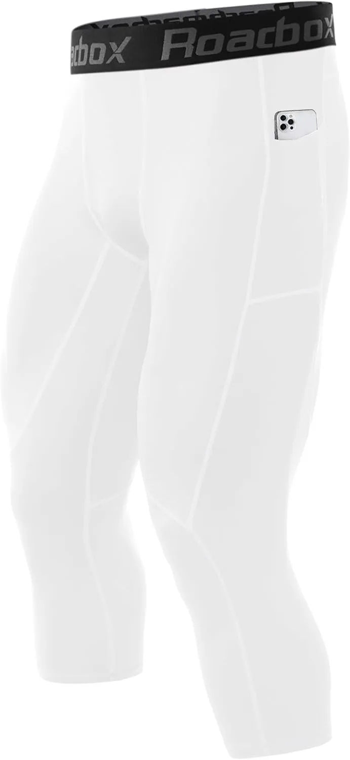 Roadbox Mens 3/4 Compression Pants with Pockets, 1/2 Pack Athletic Running Legging Tights, Workout Basketball Gym Base Layer