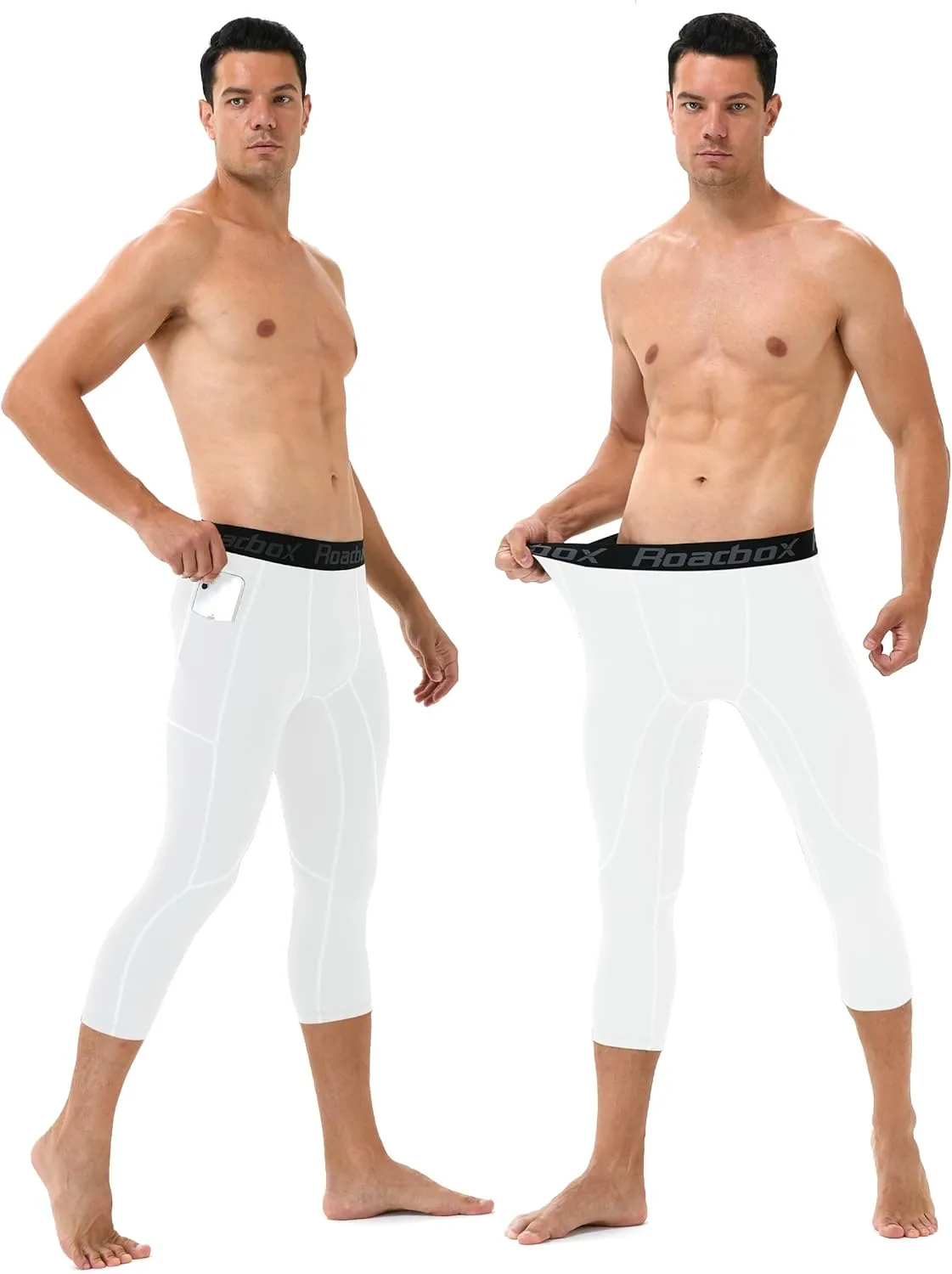 Roadbox Mens 3/4 Compression Pants with Pockets, 1/2 Pack Athletic Running Legging Tights, Workout Basketball Gym Base Layer